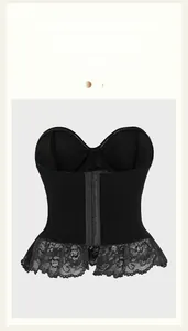 Detail of breathable black velvet corset with lace trim and steel wire support back