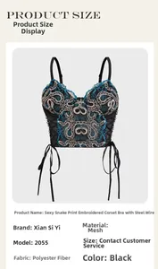 Detailed close-up of blue snake embroidery and side lace-up design on black mesh bustier