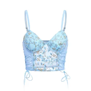 Women Sexy French Light Blue Mesh Floral Embroidery Bustier Corset Top Lace Up Side Sleeveless Push Up Slim Fit Cami Top