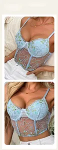 Detail of floral embroidery and sheer mesh on a light blue corset top with underwire