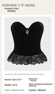 Detail of black velvet corset featuring a bat pendant, underwire support, and floral lace trim