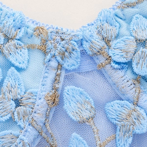 Light blue lace camisole with mesh back and silver leaf embroidery details