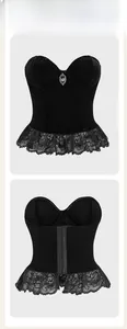 Detailed front and back view of gothic black velvet corset with lace hem and metal pendant