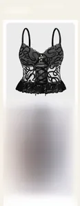 Front and back view of black lace corset top with snake embroidery and ruffled hem