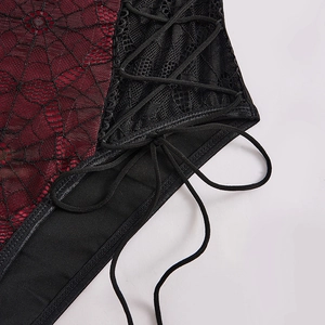 Sexy red velvet bodysuit with black spiderweb lace trim and side lace-up detailing