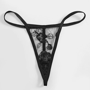 String sexy en résille noire transparente avec broderie rose et fines bretelles femme