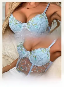 Detailed close-up of blue lace floral embroidery on sheer mesh lingerie with ruffled edges