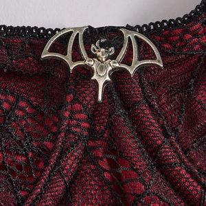 Gothic sexy red velvet bodysuit with black lace trim and silver bat pendant detail