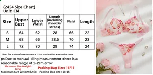 Detailed size guide table for pink mesh floral embroidery sexy lingerie set for women
