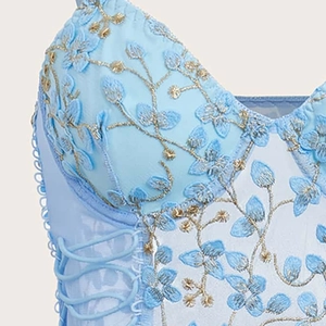 Light blue floral embroidery mesh corset top with lace-up side details and satin lining
