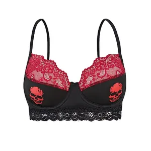 Women Gothic Skull Print Lace Trim Bra Sexy Push Up Lingerie Black Red Contrast Color Floral Lace Bralette For Halloween Party