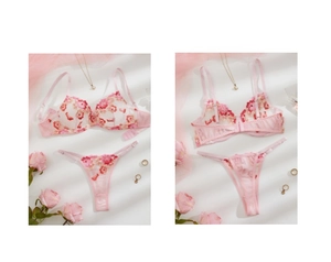 Detailed front and back view of pink floral embroidery mesh lingerie set with underwire