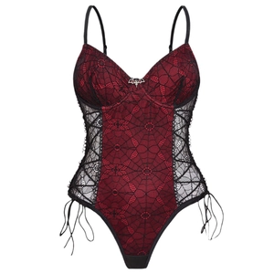 Gothic red and black lace bodysuit with velvet spiderweb details and bat pendant