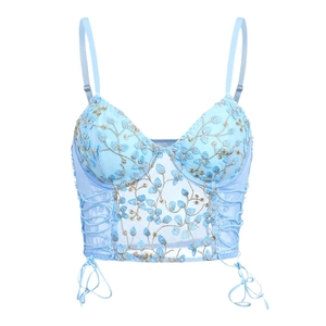 Light blue sheer mesh camisole with floral embroidery and underwire support cups