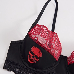 Sexy black and red skull print bra with floral lace trim and gothic punk style