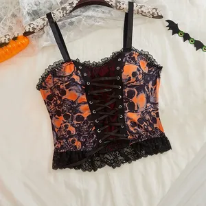Halloween Gothic Skull Print Bustier Corset Top Sexy Lace Patchwork Lace-up Cami Sleeveless Punk Party Women Crop Tank Top