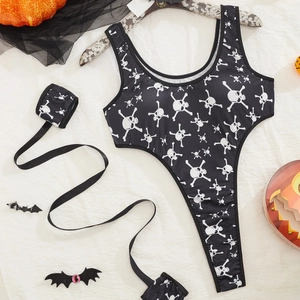 Body Sexy d'Halloween pour Femmes Imprimé Tête de Mort Lingerie Coupe Haute Costume Avec Tour de Cou Et Poignets Rubans