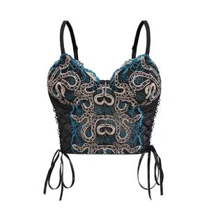 Women Sexy Snake Embroidery Corset Top Gothic Mesh Lace Up Underwire Bustier Crop Top Party Clubwear With Cross Pendant
