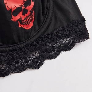 Sexy black lace lingerie set featuring red skull print and delicate floral embroidery mesh