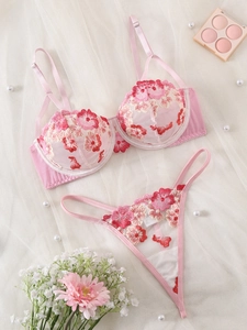 Detail shot of pink floral embroidery on mesh lingerie set with lace bra and thong