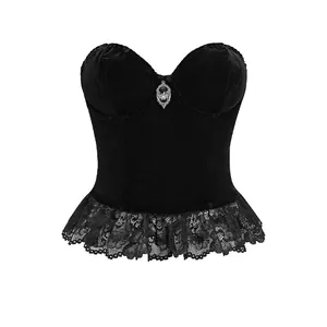 Women Gothic Black Velvet Lace Patchwork Corset Top Metal Bat Pendant Underwired Backless Sexy Bustier Party Clubwear
