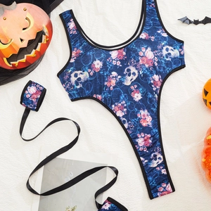 Body d'Halloween à imprimé crâne et fleurs avec coupe haute et rubans décoratifs