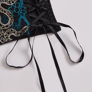 Sexy sheer snake embroidery corset top with lace-up ribbon details and floral mesh