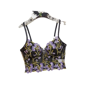 Gothic floral embroidered mesh underwire bra with vintage lace details in purple and green