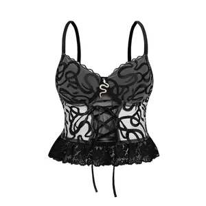 Women Gothic Black Corset Top Underwired Sheer Mesh Lace-up Camisole With Snake Metal Pendant Sexy Pleated Lace Hem Lingerie