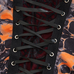 Gothic Halloween corset top with skull print lace detail and black ribbon lacing