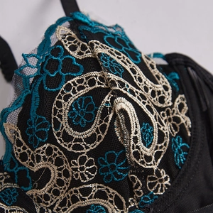 Sheer corset top with intricate snake embroidery and underwire support in black lace