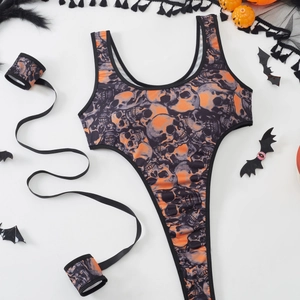Ensemble body sexy avec imprimé tête de mort Halloween et bracelets assortis chic