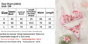 Detailed size chart for floral embroidery mesh lingerie set including bra and thong