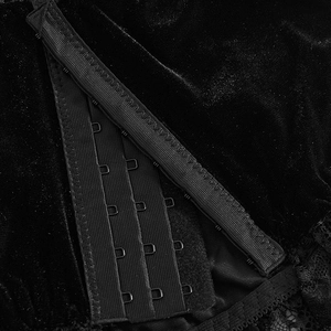 Black velvet corset top with lace trim and adjustable multi-row metal hook closure