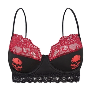 Sexy black lace bra featuring red skull prints and floral lace trim in a push-up design