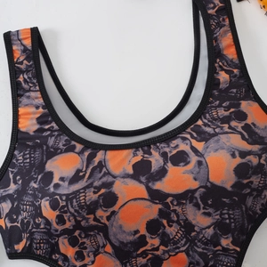 Body d'Halloween sexy à imprimé tête de mort orange et noir, motif festif