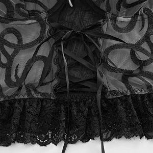 Black lace corset top with sheer mesh embroidery and front lace-up details for women