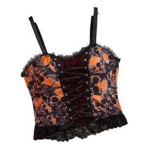 Gothic Halloween corset top with orange skull print, black lace trim and lace-up front