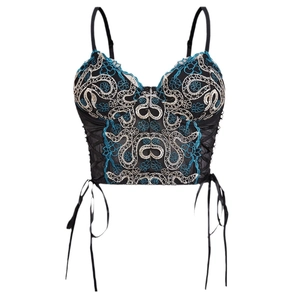 Sexy black corset top with snake embroidery, lace trim, and side ribbon lacing details