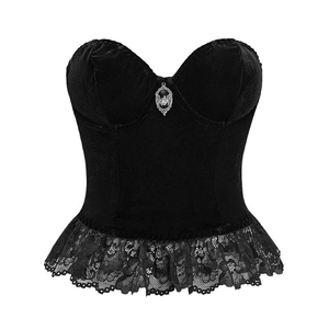 Black velvet corset top with lace trim and silver bat pendant in vintage style