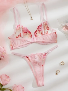 Detailed embroidery of colorful flowers on pink mesh lace lingerie set for women