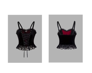 Detailed front and back view of gothic corset top with bat embroidery and lace trim