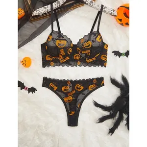 Soutien-Gorge Et Culotte Sexy En Dentelle Et Maille Broderie Citrouille Halloween Lingerie Sous-Vêtements Costume Fête Noir Femmes