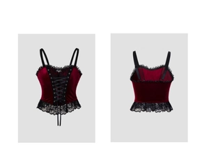 Detailed front and back view of burgundy velvet corset top with black lace trim