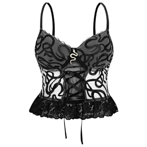 Gothic corset top with black snake patterns, lace trim, and silver snake pendant details