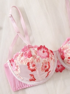Close-up of pink mesh bra with detailed floral embroidery and scalloped lace edges