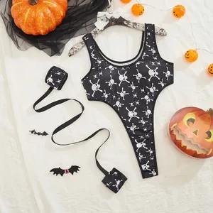 Sexy Halloween Body con Stampa Scheletro Sgambato Lingerie Gothic Teddy Costume da Festa Top Senza Maniche E Polsini