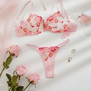Women Pink Mesh Floral Embroidered Lingerie Top And Bottom Sexy Romantic Underwear Nightwear Breathable Comfort
