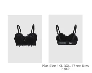 Detail of plus size velvet bra with lace trim, back hook closure and cross pendant
