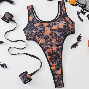 Body di Halloween con stampa teschi arancioni, polsini coordinati e decorazioni a tema